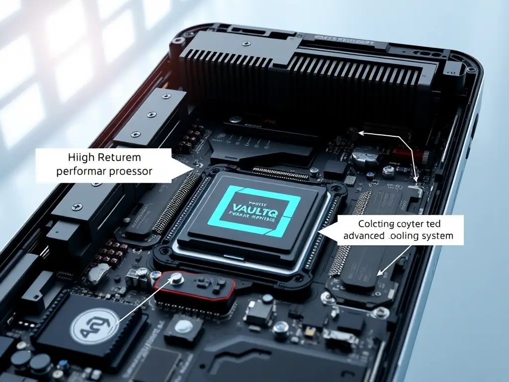 An image showcasing the internal components of a VaultIQ Graphene Pixel smartphone, highlighting the high-performance processor and advanced cooling system. The image emphasizes the engineering and technology that power the device.