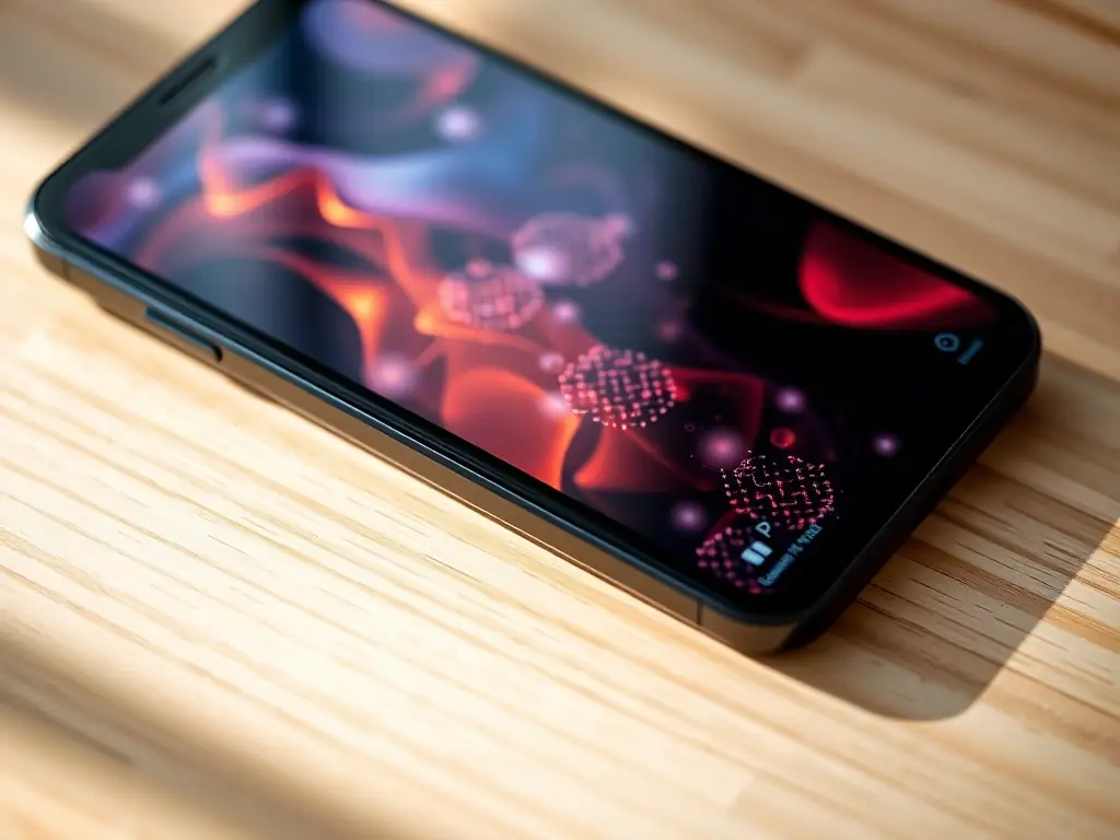 A close-up shot of a VaultIQ Graphene Pixel smartphone displaying a vibrant, high-resolution image on its graphene pixel display. The focus is on the clarity and color accuracy of the screen, highlighting the advanced display technology.